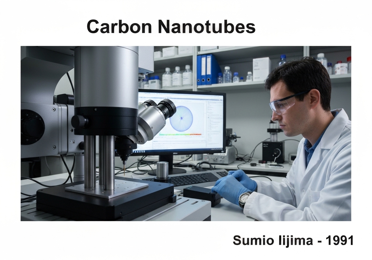 Researcher manipulating carbon nanotubes with atomic force microscope in materials science lab.
