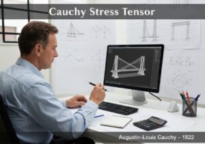 Structural engineer analyzing stress in bridge design using Cauchy stress tensor principles.