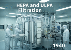HEPA and ULPA filtration system in a cleanroom for environmental engineering applications.