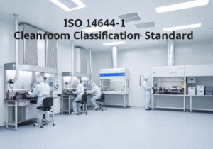 Cleanroom environment with air filtration for semiconductor fabrication in environmental engineering.
