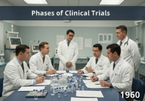 Clinical trial setting with researchers discussing drug development processes in pharmacology.