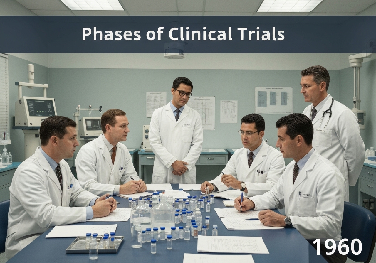 Clinical trial setting with researchers discussing drug development processes in pharmacology.