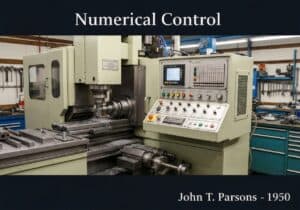 CNC machine with control panel in an automated manufacturing workshop.