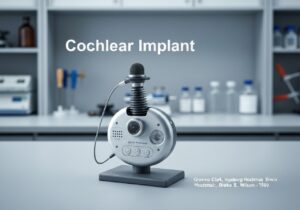 Cochlear implant device used in biomedical engineering for hearing restoration.