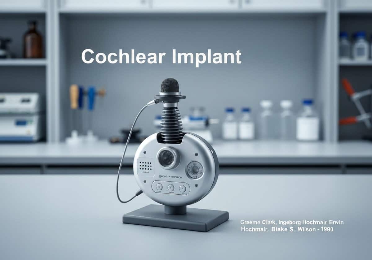 Cochlear implant device used in biomedical engineering for hearing restoration.