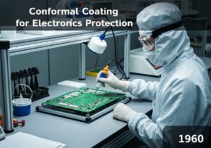 Technician applying conformal coating to a printed circuit board in a cleanroom.
