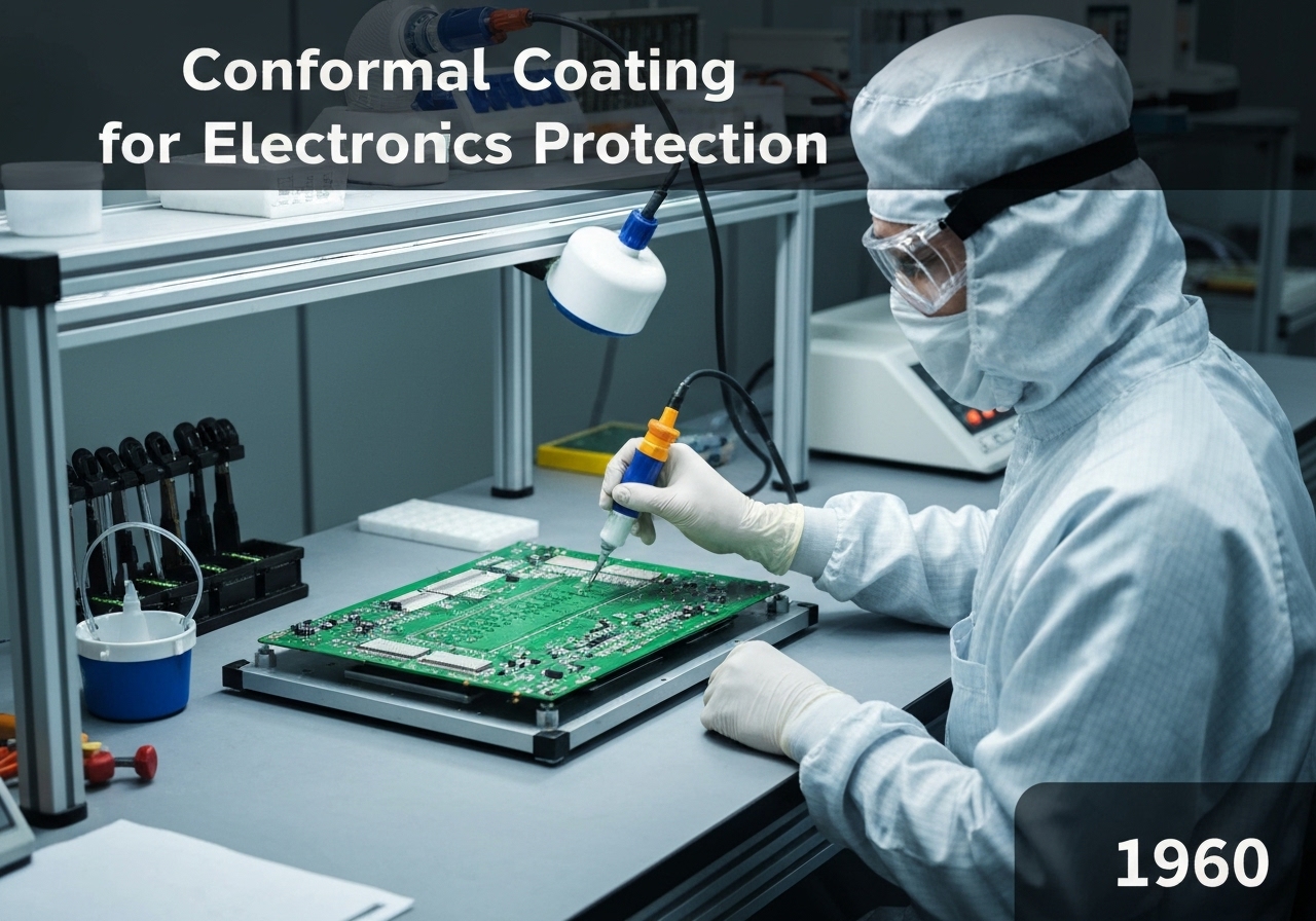 Technician applying conformal coating to a printed circuit board in a cleanroom.