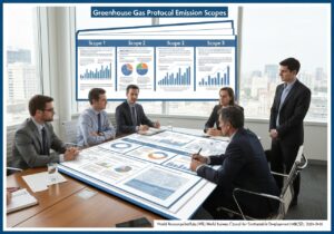 Corporate meeting discussing greenhouse gas emission scopes in environmental management.