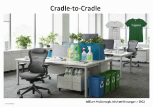 Sustainable office with Cradle-to-Cradle certified products including chairs and cleaning supplies.