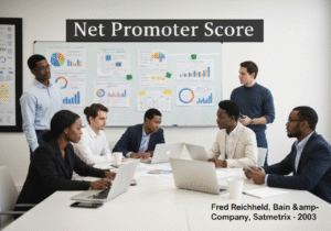 Office meeting analyzing Net Promoter Score for customer loyalty measurement.