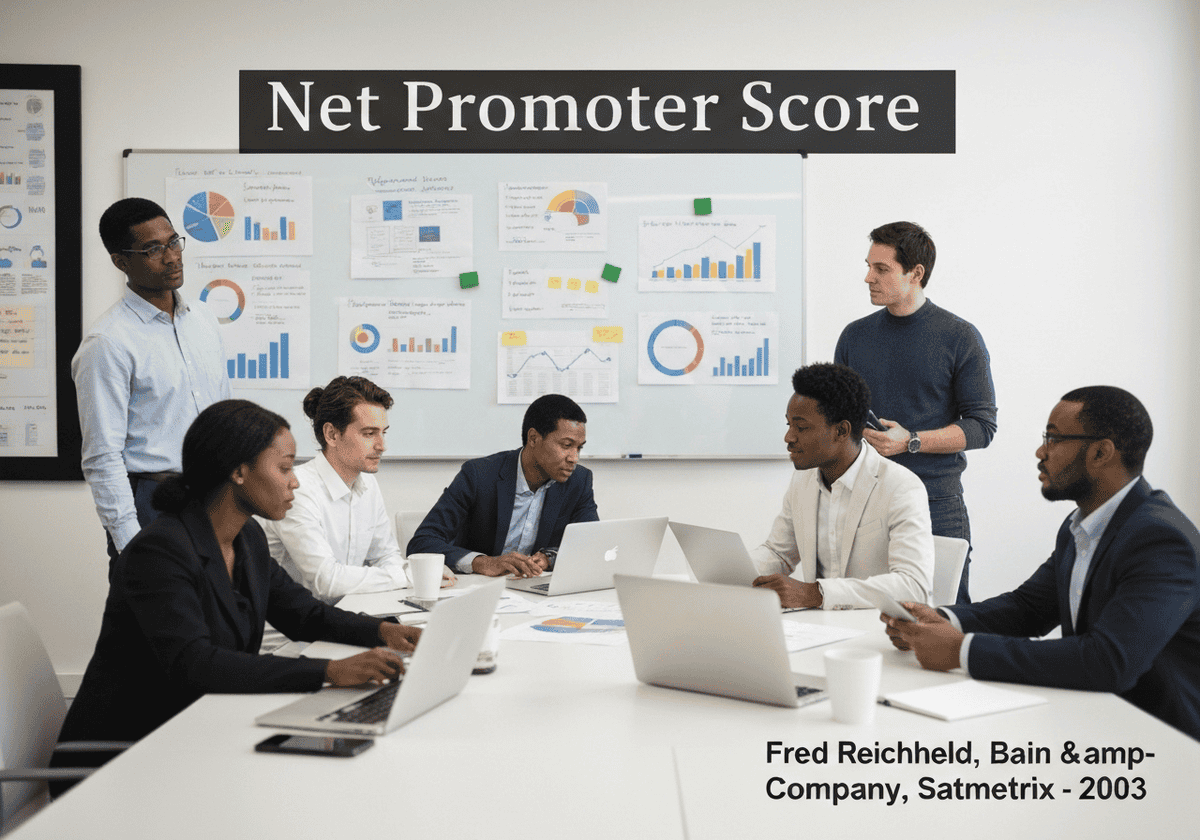 Réunion de bureau analysant le Net Promoter Score pour mesurer la fidélité des clients.
