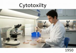 Laboratory cytotoxicity assay with cell cultures and cytotoxic agents in cell biology research.