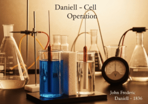 Daniell cell with copper and zinc electrodes in electrochemistry laboratory setup.