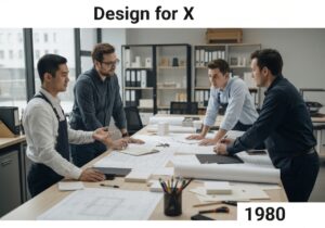 Industrial Technology design office with engineers optimizing flat-pack furniture for assembly.