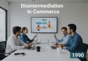 Digital marketing team discussing disintermediation in commerce strategies.
