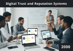Professionals analyzing digital trust metrics in a collaborative office setting.