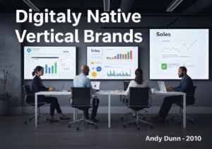 Office scene of a digitally native vertical brand team collaborating on marketing strategies.
