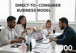 E-commerce office scene with marketing team developing direct-to-consumer strategies.