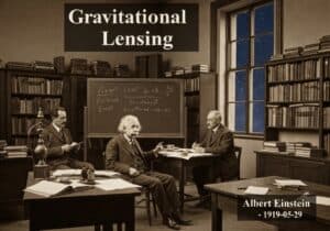 Albert Einstein discussing gravitational lensing in a historical laboratory setting.