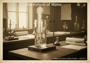 Electrolysis apparatus demonstrating water decomposition into hydrogen and oxygen gases.