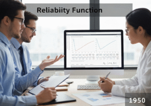 Engineers analyzing reliability functions in a modern engineering office setting.