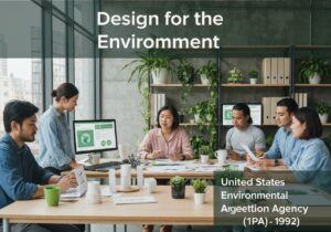 Environmental engineers collaborating on ecodesign in a modern office.