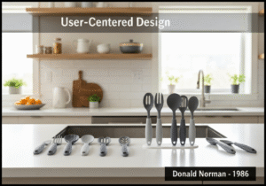 Ergonomic kitchen workspace featuring user-centered design utensils by OXO Good Grips.
