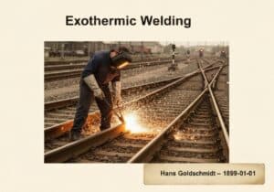 Technician performing exothermic welding on railway tracks, applied mechanics, welding technology.