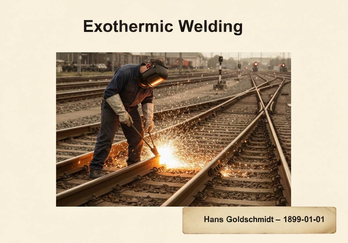 Technician performing exothermic welding on railway tracks, applied mechanics, welding technology.