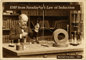 Michael Faraday demonstrating electromagnetic induction in a vintage laboratory setting.