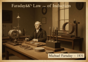 Michael Faraday demonstrating electromagnetism principles in a vintage laboratory.