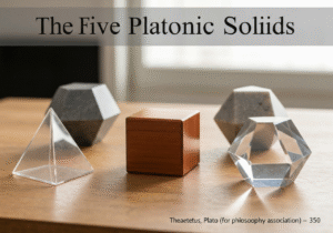 Five Platonic solids: tetrahedron, cube, octahedron, dodecahedron, icosahedron in geometry.