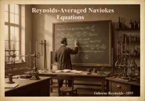 19th-century laboratory with Reynolds-Averaged Navier-Stokes Equations for fluid mechanics analysis.