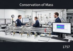 Fluid dynamics laboratory with engineers analyzing flow in pipelines, emphasizing mass conservation principles.