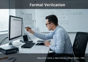 Computer science engineer reviewing formal verification model in office.
