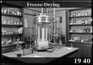 Freeze-drying apparatus in a vintage laboratory for food preservation.
