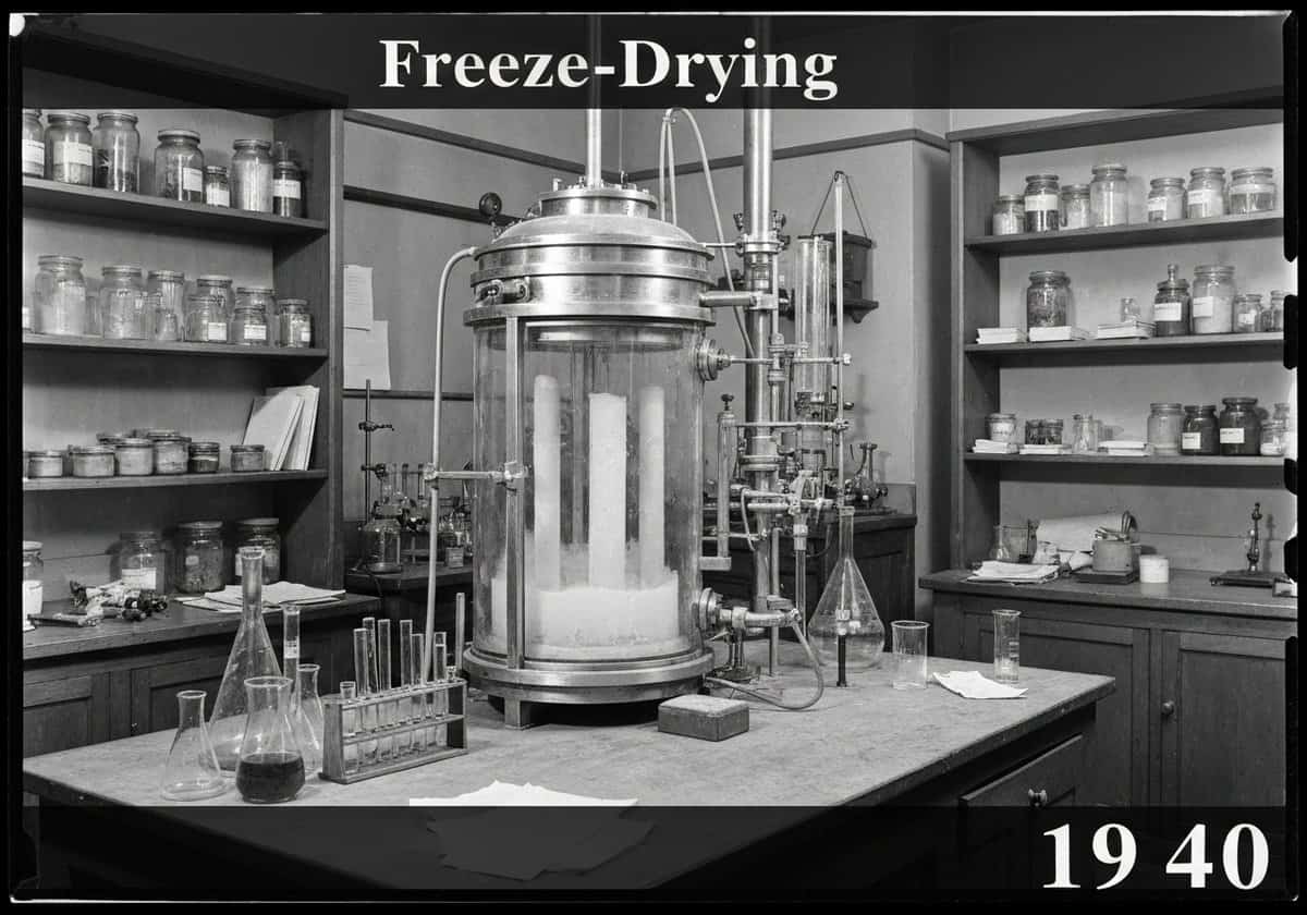Freeze-drying apparatus in a vintage laboratory for food preservation.