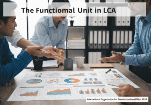 Environmental engineers analyzing Life Cycle Assessment report focusing on functional unit metrics.