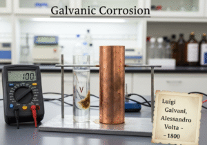 Galvanic corrosion experiment with zinc and copper in electrolyte solution, measuring electrochemical reactions.