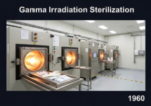 Gamma irradiation sterilization facility with Cobalt-60 source and medical supplies.