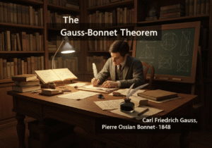 Study room of a mathematician with parchment papers and geometric diagrams related to the Gauss-Bonnet theorem.