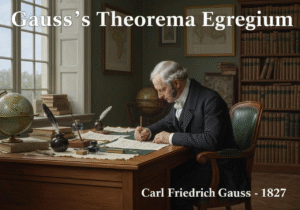 Carl Friedrich Gauss calculating Gaussian curvature in a historical office setting.