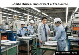 Factory floor with manager engaging workers in process improvement under Gemba Kaizen principles.