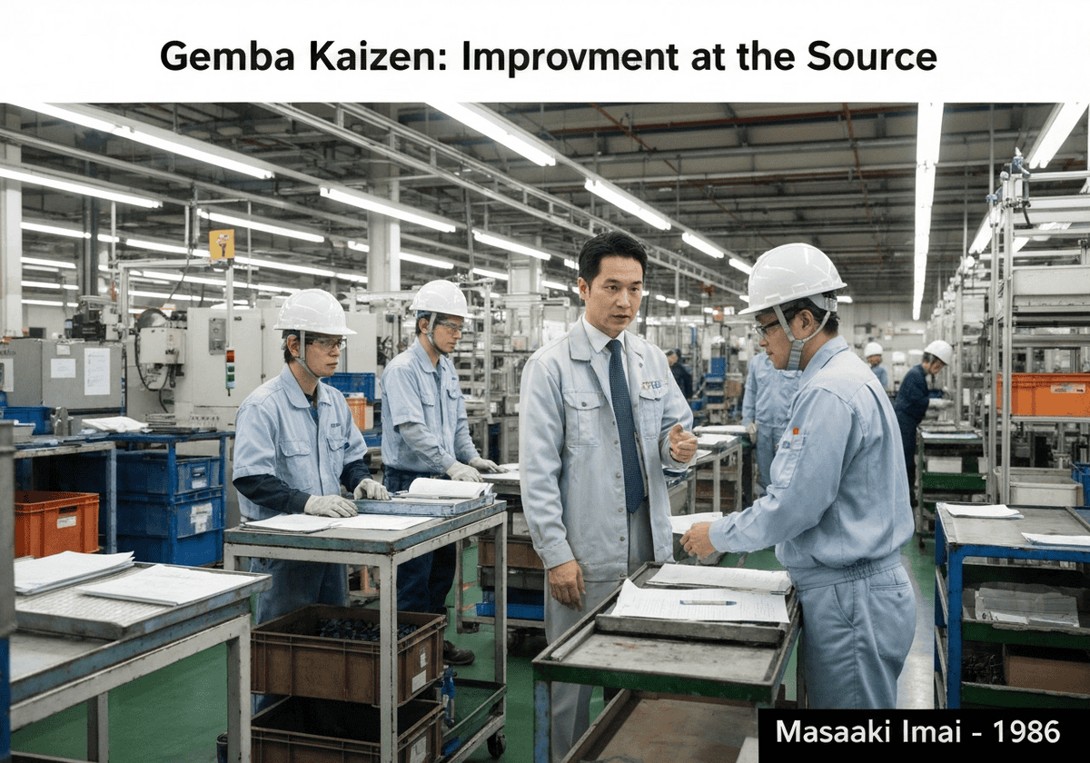 طابق المصنع مع المدير الذي يُشرك العمال في تحسين العمليات في إطار مبادئ Gemba Kaizen.