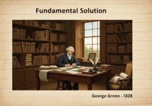 George Green working on the fundamental solution in a historical office setting, mathematical physics.