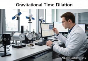 Atomic clock calibration in a lab demonstrating gravitational time dilation principles.