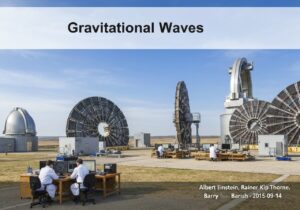 Gravitational wave observatory with advanced detectors and scientists analyzing data.