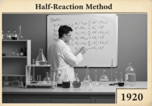 Chemist balancing redox reactions using the half-reaction method in analytical chemistry.