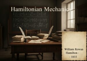 Study room with Hamilton's equations, quills, and parchment, representing Hamiltonian mechanics in physics.