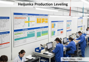 Heijunka board in a manufacturing facility demonstrating production leveling principles.